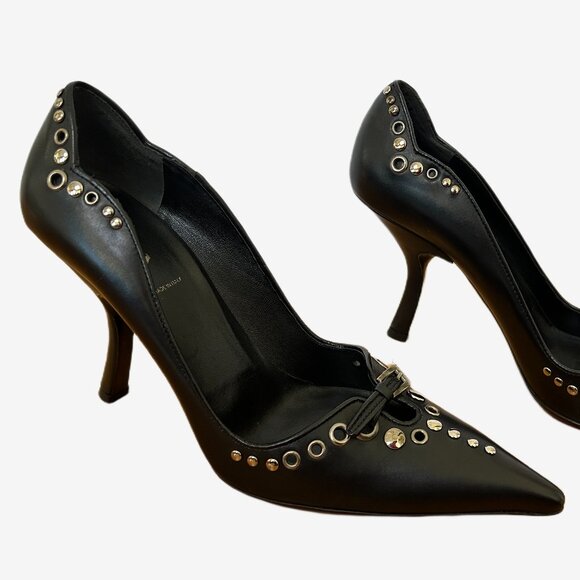 PRADA BLACK LEATHER HEELS WITH STUDS SIZE 38 1/2 (8.5 US) MADE IN 